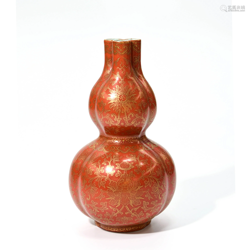 A Coral Red Ground Gild Gourd-Shaped Porcelain Vase