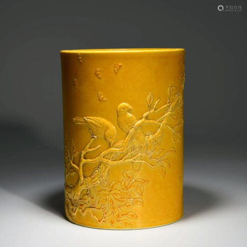 A Yellow Glazed ‘Flower & Bird’ Porcelain Brush Pot