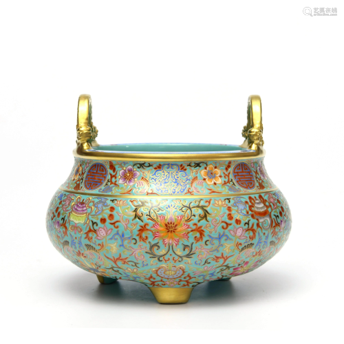 A Famille Rose Gild ‘Twine Lotus’ Porcelain Incense Burner