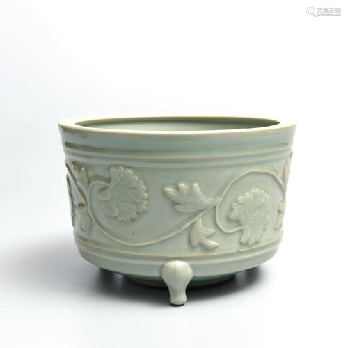 A Longquan Kiln ‘Twine Lotus’ Porcelain Three-legged Incense Burner