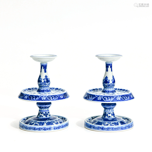 A Pair of Inscribed Blue and White Porcelain Candlestick