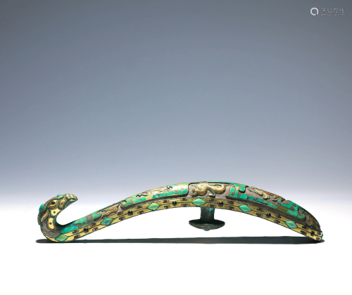 A Turquoise Inlaid Gild Copper Beast Head Belt Hook