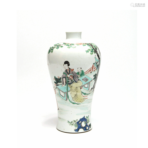 A Famille Vert ‘Figure & Floral’ Porcelain Meiping Vase