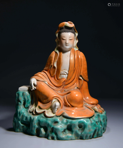 A Famille Rose Porcelain Water-Moon Avalokiteshvara Statue