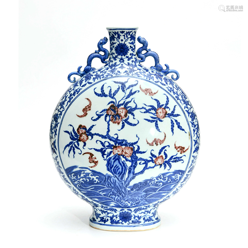 A Blue and White Underglazed Red ‘Bats & Floral’ Porcelain Moon Vase