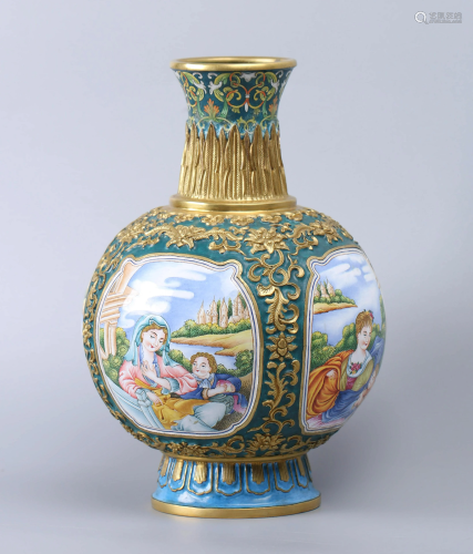 A ‘Western Figures’ Gild Copper Enamel Vase
