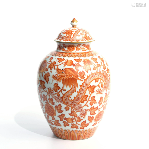 An Iron Red ‘Dragon & Phoenix Floral’ Porcelain Jar with Cover