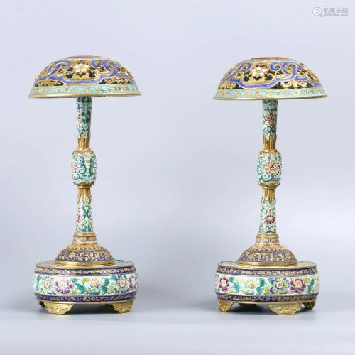 A Pair of  ‘Twine Lotus’ Gild Copper Hats Standing