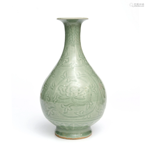 A Celadon Glaze Floral Carved Porcelain Yuhuchun Vase