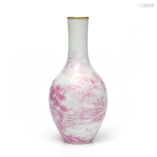 A  Carmine Glaze Landscape Porcelain Vase