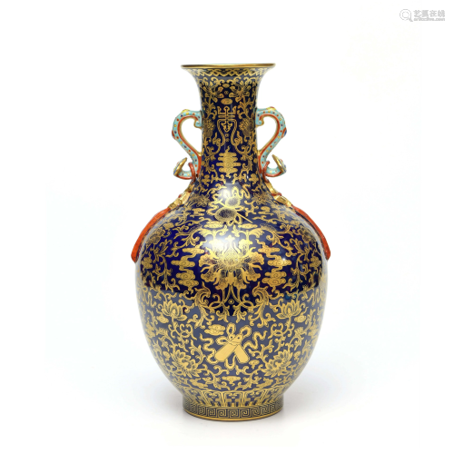 A Black Ground  Glazed Ruyi Ears Gild Porcelain Vase