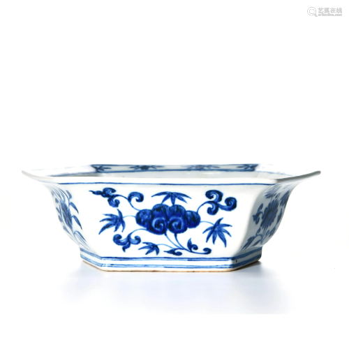 A Blue and White ‘Twine Lotus’ Porcelain Hexagon Flowerpot