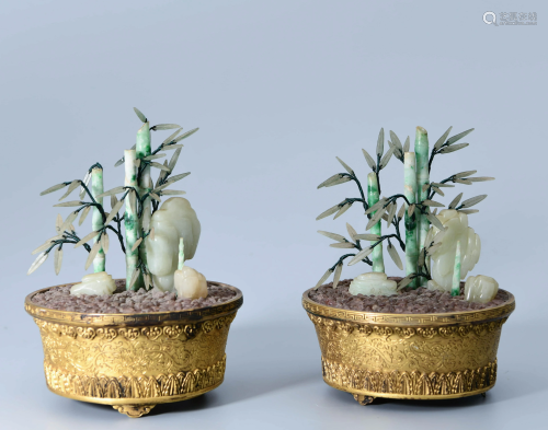 A Pair of Jadeite Bamboo Hetian Jade Rockery Bonsai Ornament