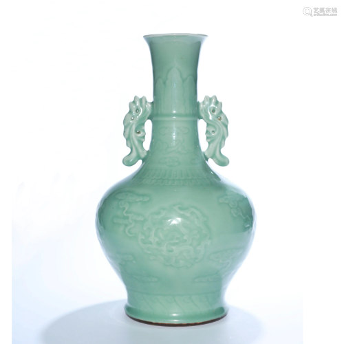 A Pea Green Glazed Floral Carved Porcelain Vase