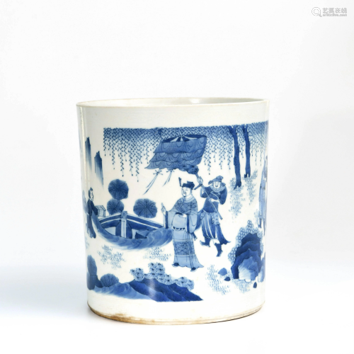 A Blue and White ‘Figure’ Porcelain Brush Pot
