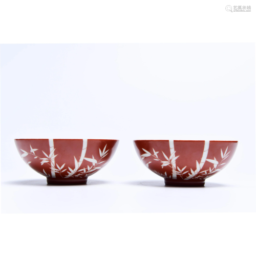 A Pair of Iron Red Reverse Decorated  Bamboo Leaf Porcelain Bowls