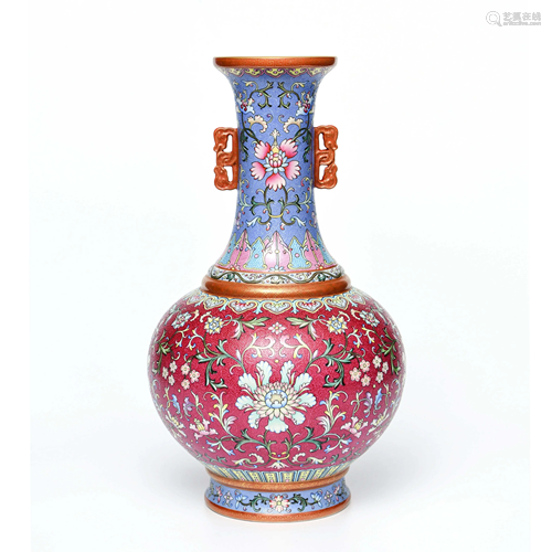 A Famille Rose Floral Porcelain Vase