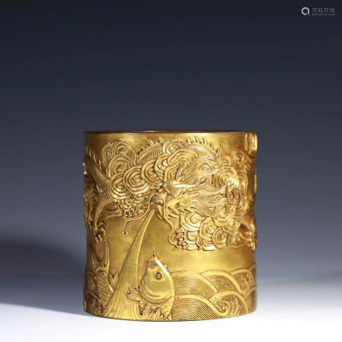 A Gild Copper ‘Seawater & Goldfish’ Brush Pot