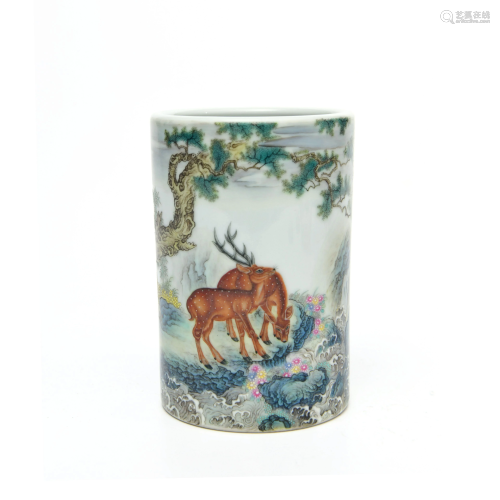 A Famille Rose ‘Deer’ Porcelain Brush Pot