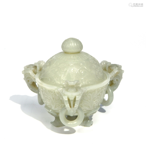 A White Jade Three-legged Incense Burner with Cover
