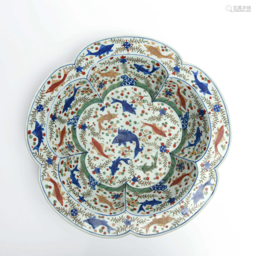 A Blue and White Famille Vert Floral Floriform Porcelain Dish