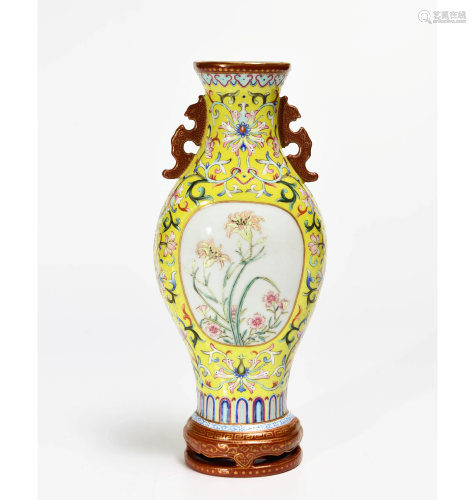 A Yellow Ground Yangcai Iron Red Gild Floral Porcelain Wall Vase