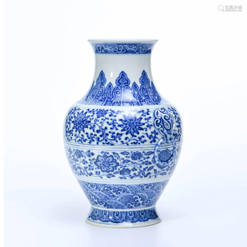 A Blue and White ‘Twine Lotus’ Porcelain Zun