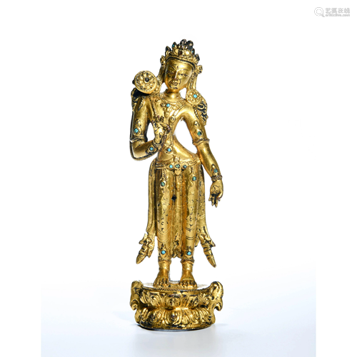 A Gild Copper Guanyin Statue