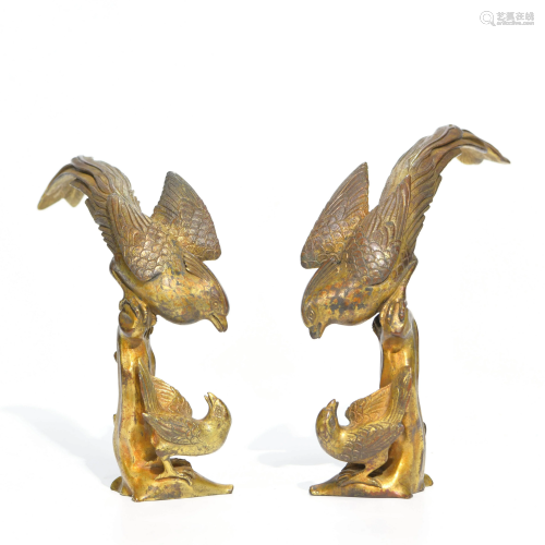 A Pair of Gild Copper Phoenix Ornaments