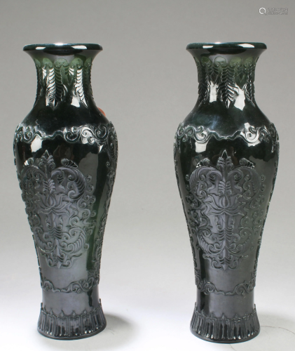 A Pair of Antique Chinese Spinach Jade Vases