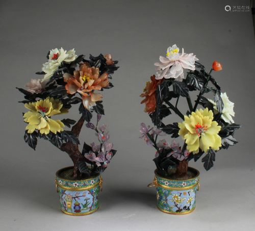 A Pair of Cloisonne Flower Pots with Agate/Jade …