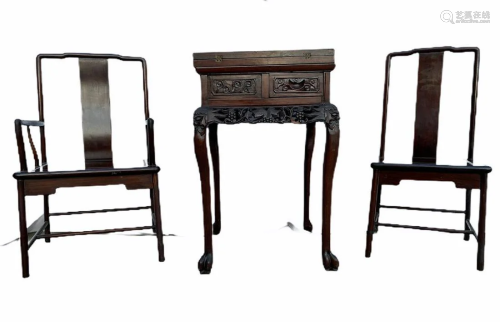 Chinese Hardwood Table with Two Chairs