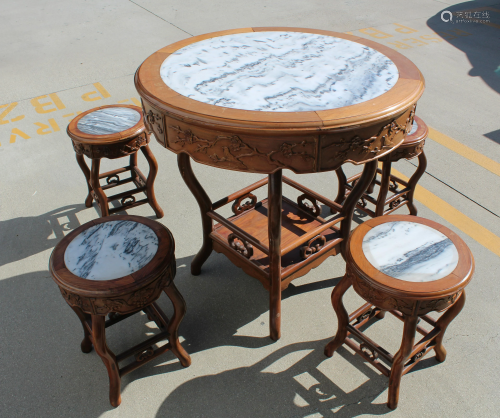 Chinese Hardwood Round Table with Four Stools