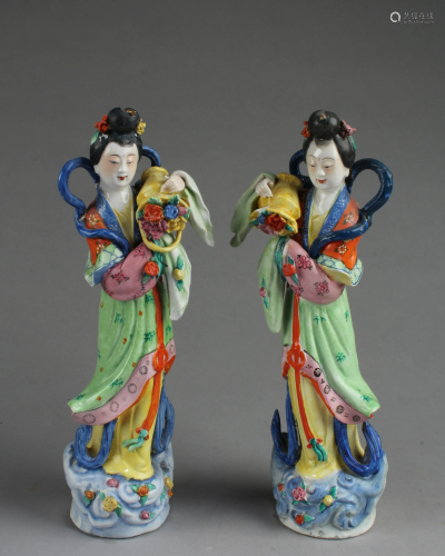 Antique Pair of Porcelain Maiden Statues