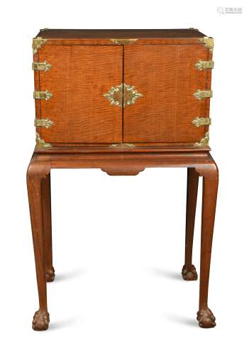 A brass mounted fiddleback mahogany chest on stand, late 19th century,