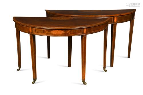 Two George III mahogany and satinwood demi-lune side tables,