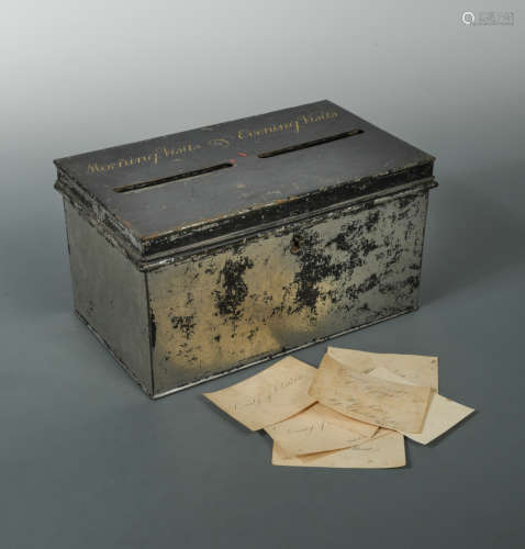A black painted tin calling card box, 19th century,