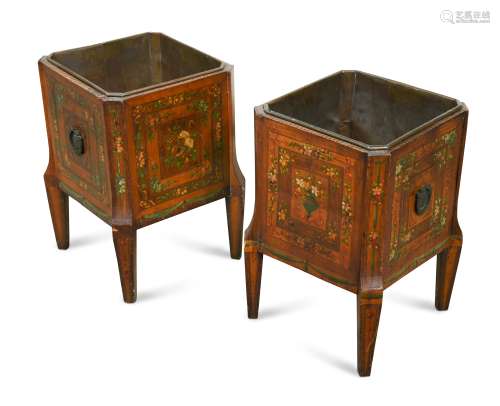 A pair of satinwood banded and painted jardinieres, circa 1900,