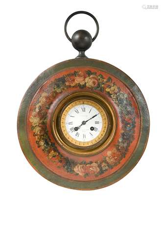 A French circular tole case wall clock, 19th century,