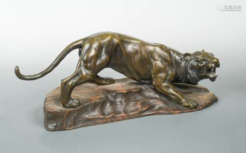 A Japanese bronze model of a roaring tiger,