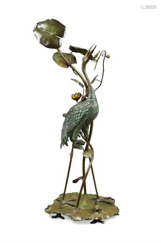 A large Art Nouveau cold painted and patinated bronze model of a stork,