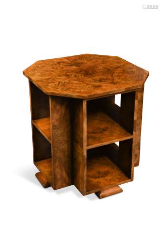 A good Art Deco period burr-walnut book table in the manner of Heal's,