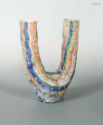 A mid-century Italian Art Pottery twin-spout vase or candle holder,