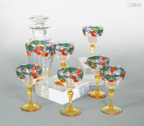 Ludwig Kny for Stuart, a Stratford shaped enamelled glass cocktail set, circa 1930,