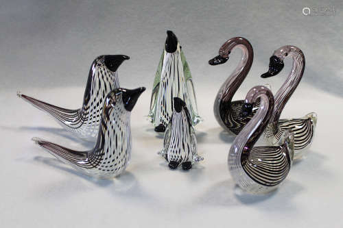 Dino Martens for Aureliano Toso (attributed), a collection of seven mezza filigrana bird models,