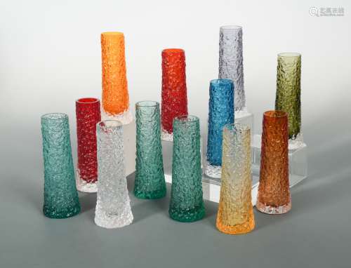 Geoffrey Baxter for Whitefriars, a collection of textured 'chimney' bark vases,