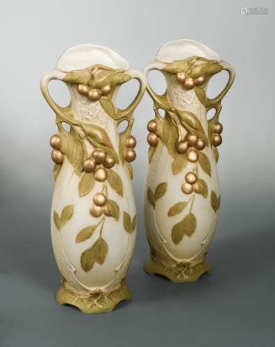 A pair of Royal Dux Art Nouveau fruiting berry vases, circa 1900,