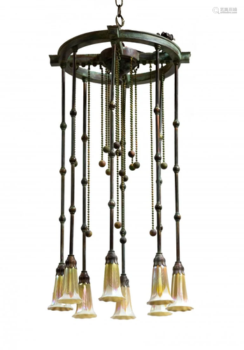 Bronze Moorish Hanging Fixture with Quezal Shades