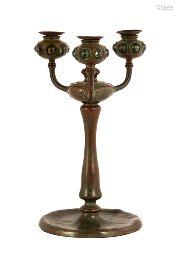 Tiffany Studios, New York 3 Arm Jeweled Candelabra