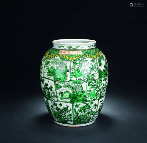 清 绿釉花卉罐
